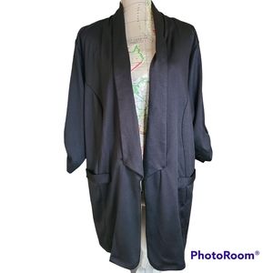 DISCREET Size 3X Black Open Front Jersey Knit Longline Blazer Ruched Sleeves